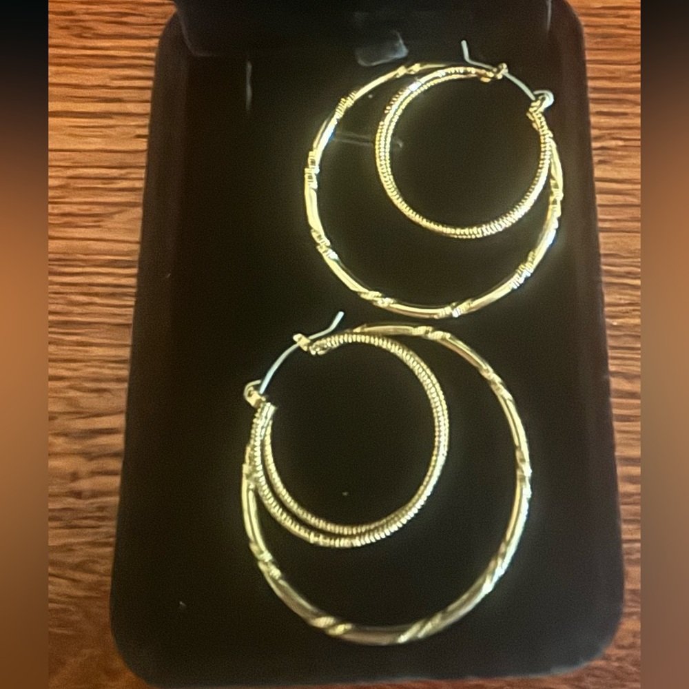Gold Tone Double Hoop Layered Earrings | Textured Hoop Dangle Style